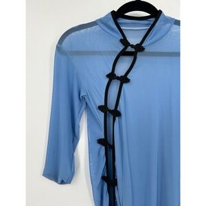 Blue Sheer Mesh Frog Knot Asymmetric Midi Dress Womens Small